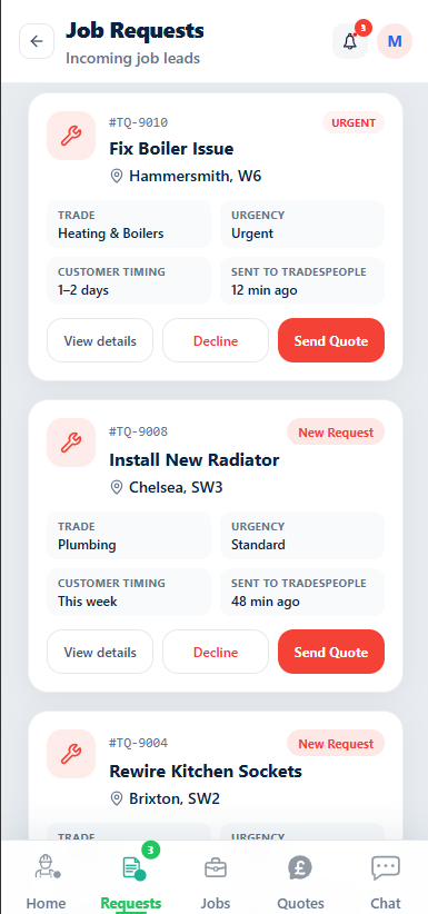 Verified tradespeople receive the job request