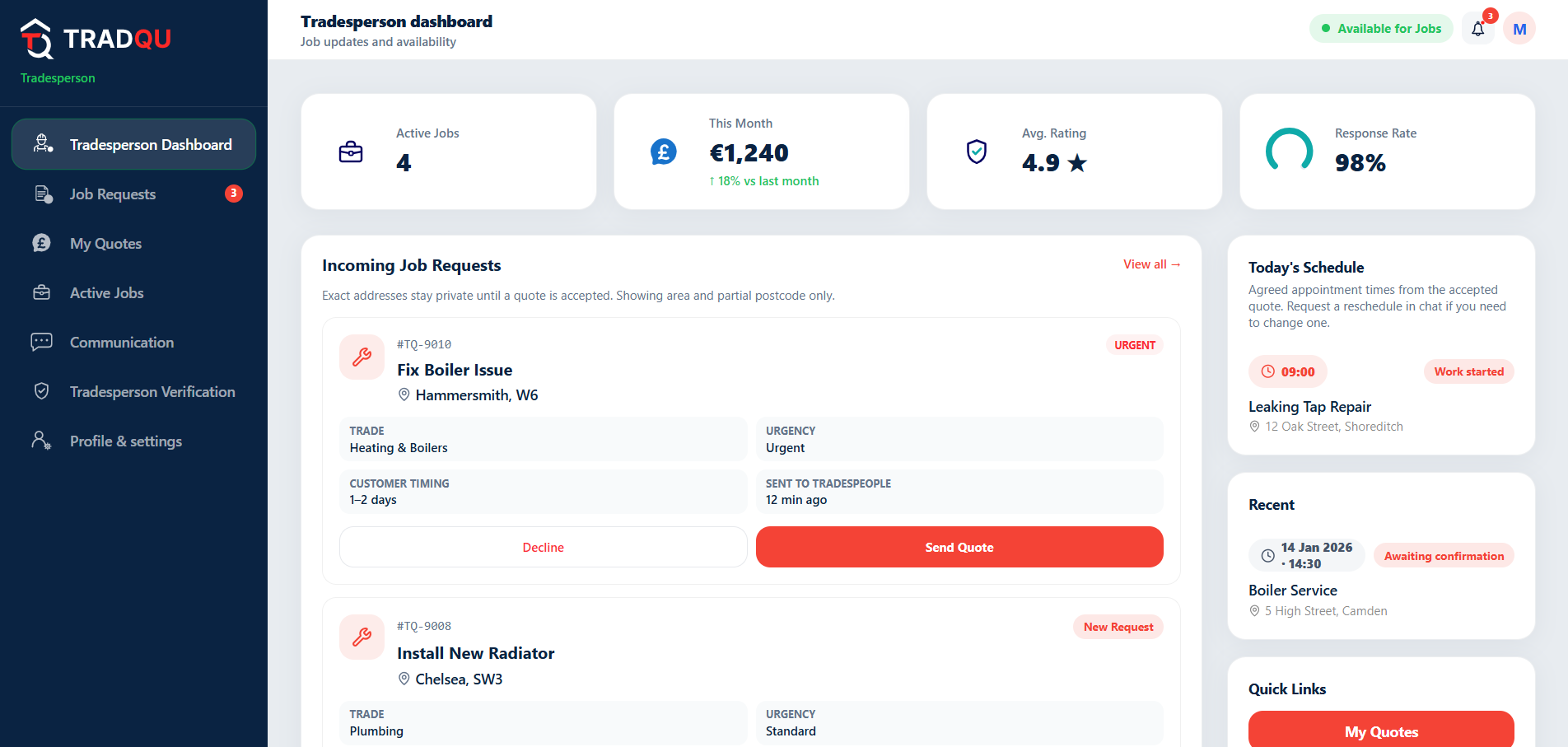 Tradesperson dashboard